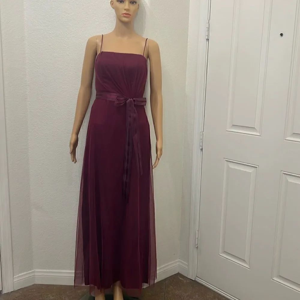 David’s Bridal Dress Spaghetti Straps Square Neck Maxi Sheer Lined Tie Belt Sz 2